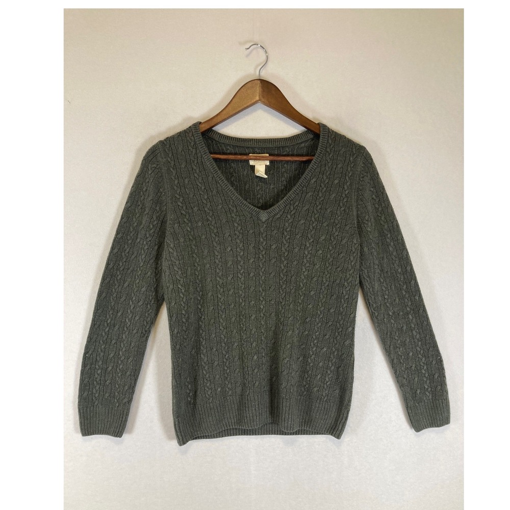 Dark Academia G.H. Bass & Co Womens Medium Olive Green Cable Knit V-Neck Sweater